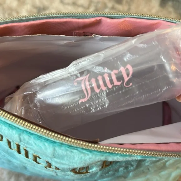 Juicy Couture Logo Travel Cosmetic Bag Teal Blue Makeup Case Y2K NEW - Picture 5 of 11